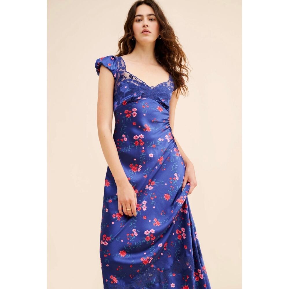 Free People Butterfly Babe Floral Blue Lace Boho Maxi Sz Large - Picture 3 of 8